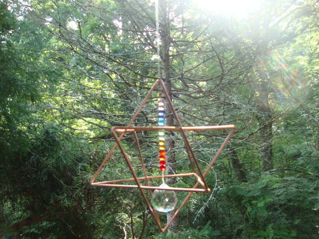 Copper MERCABA STAR-TETRAHEDRON’ With Hanging Chakra-Rainbow Crystal